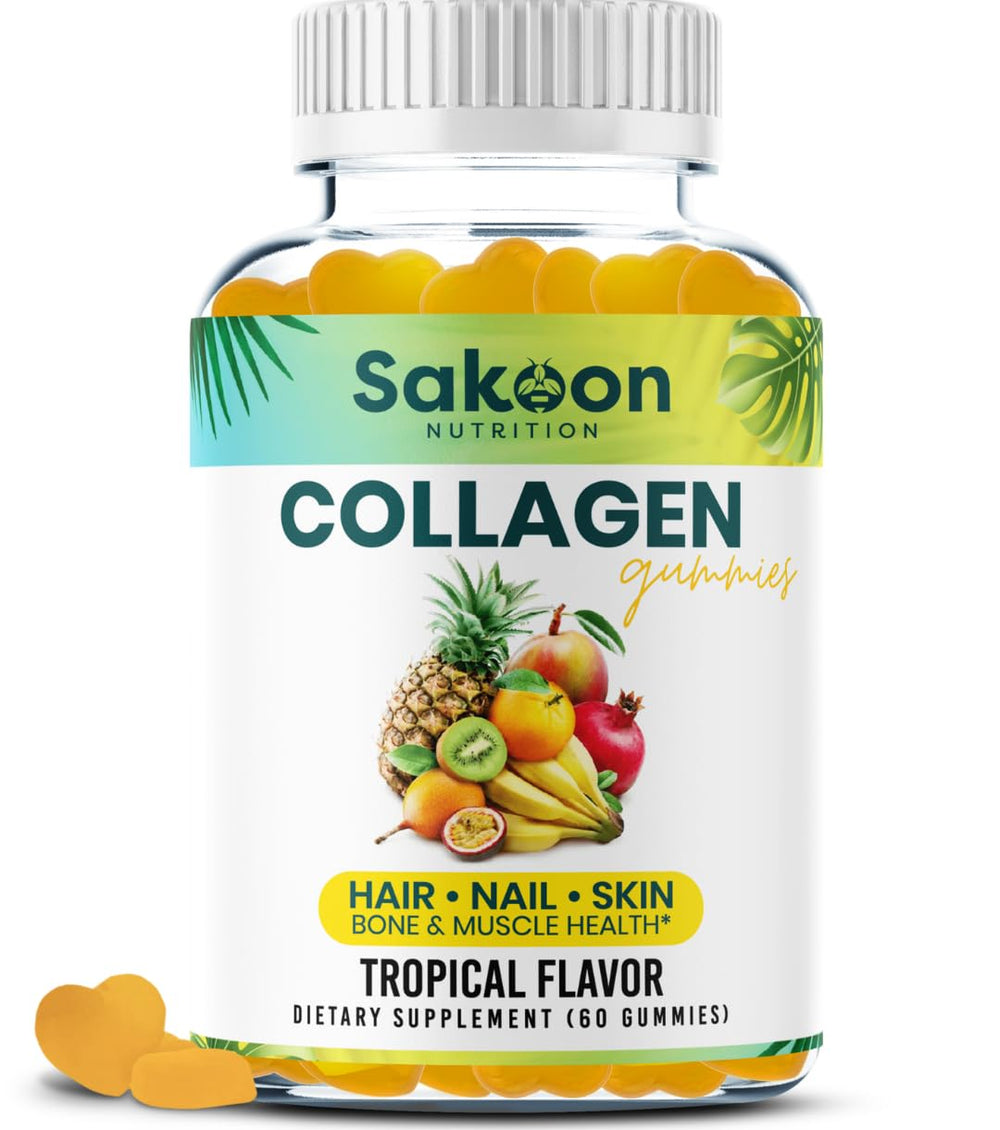 Sakoon Nutrition halal collagen gummies bottle on countertop, easy daily support for skin and nails.