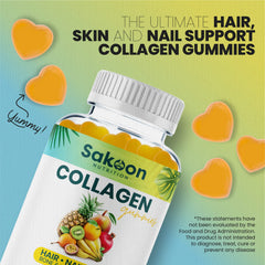 Sakoon Nutrition collagen gummies on vanity, supporting healthy-looking skin and hair.