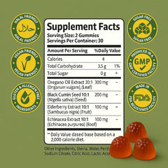 Sakoon Oil of Oregano Gummies display with black cumin seed blend for respiratory health.