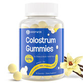 Sakpwer bovine colostrum gummies front label; vanilla flavor for daily immune support.