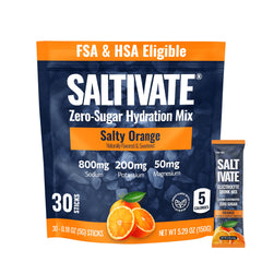 Saltivate Salty Orange electrolyte packets front view for quick hydration during workouts.