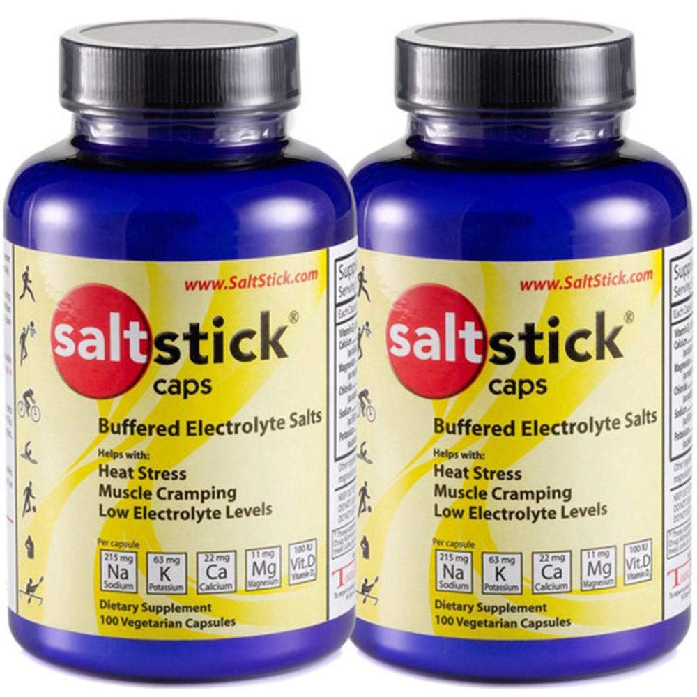 SaltStick Caps electrolyte bottle front view for on-the-go hydration during workouts.