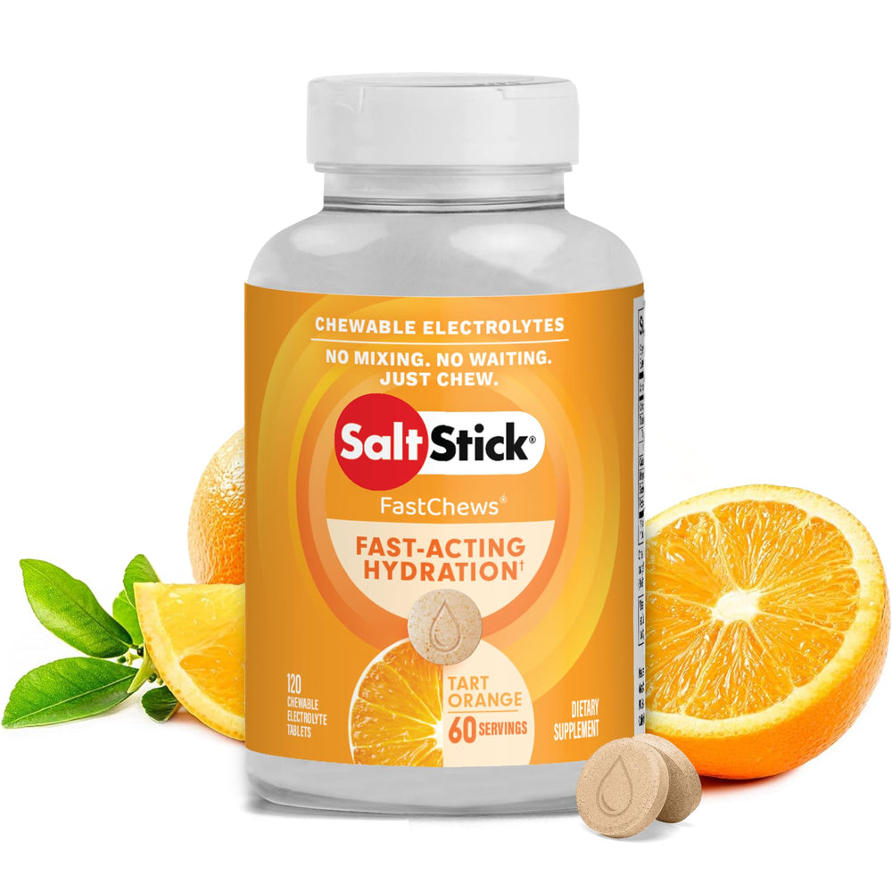 SaltStick Electrolyte FastChews orange tablet close-up for fast hydration during workouts.