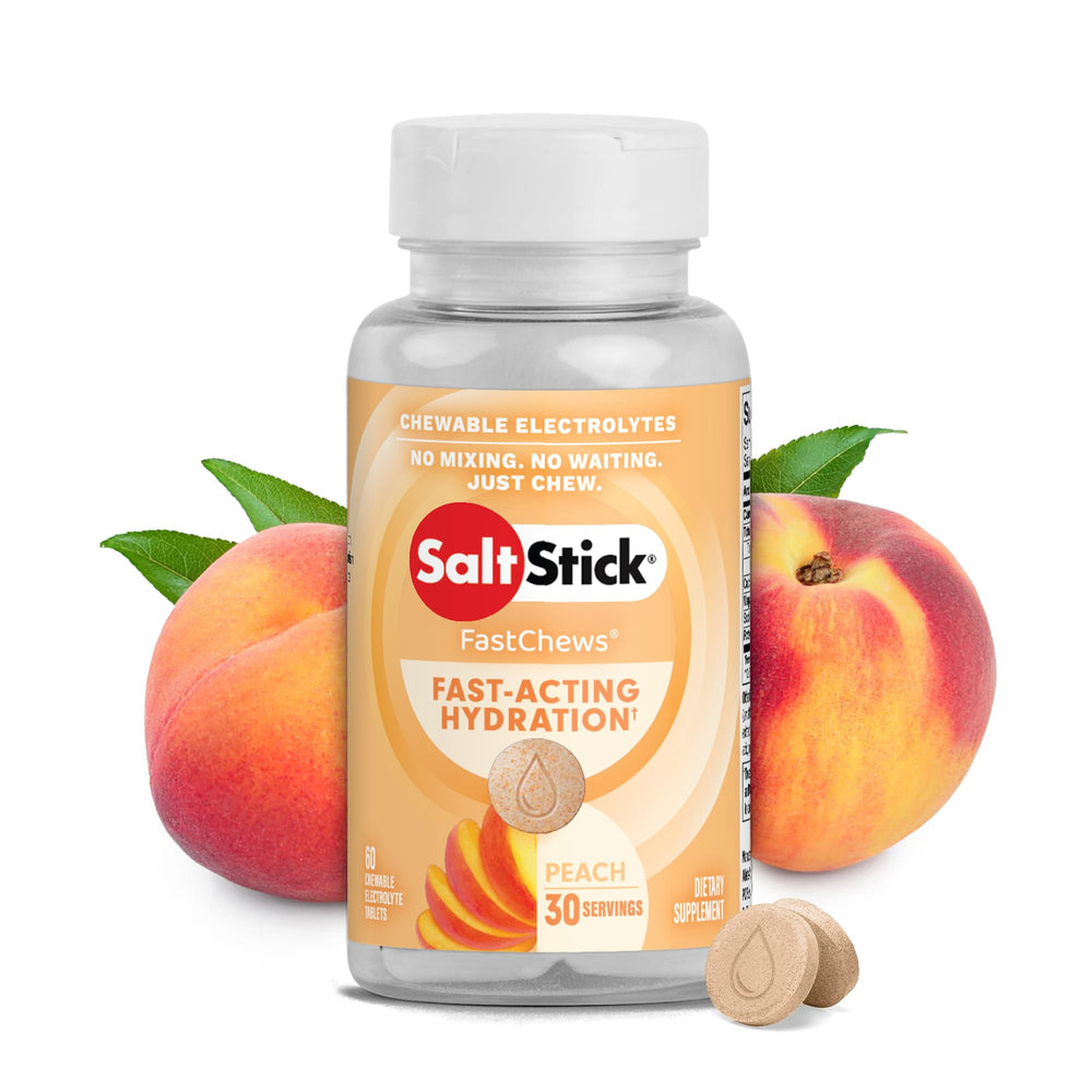 SaltStick Electrolyte FastChews peach tablets for quick hydration during workouts.