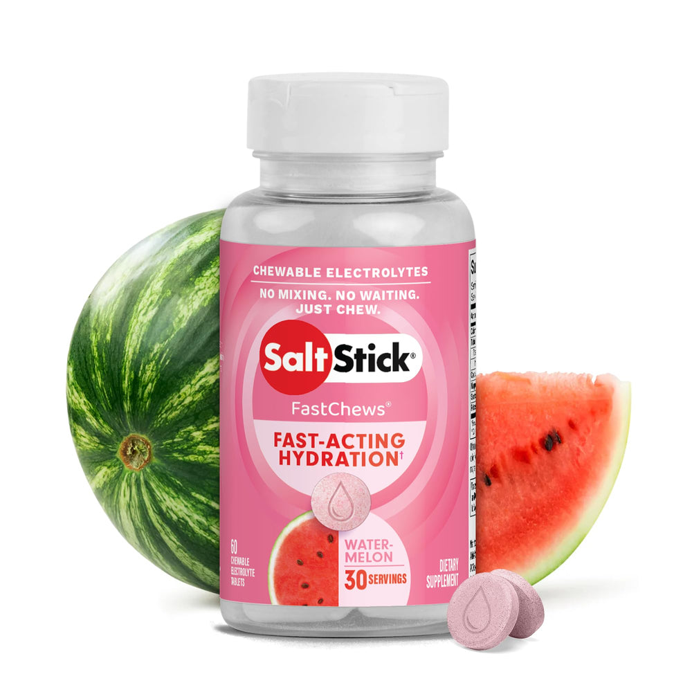 SaltStick Electrolyte FastChews watermelon bottle for quick hydration during workouts.