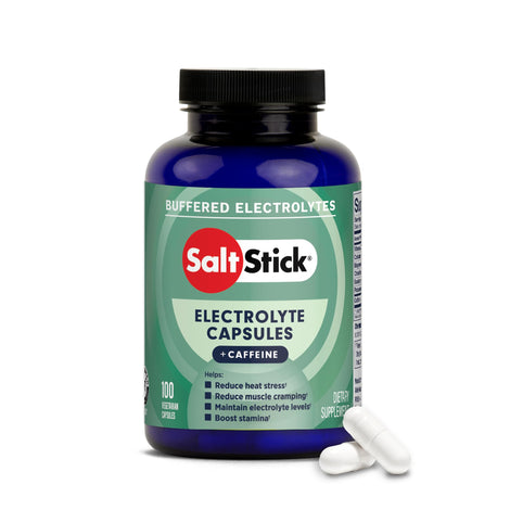 SaltStick Electrolytes caffeine bottle close-up showing fast absorption for workouts.