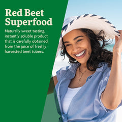 Salus Red Beet Crystals manufactured in Germany highlighting vegan, gluten-free formula