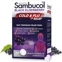 Sambucol cold-relief tablets dissolve on the tongue for quick comfort.