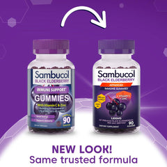 Closeup of Sambucol gummies highlights berry flavor and daily immune support.