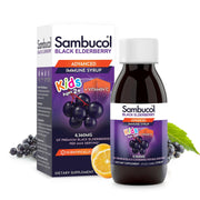 Sambucol Kids Elderberry Syrup bottle front showing kid-friendly packaging for daily immune support.