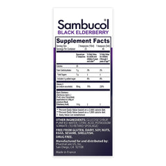 Sambucol Kids Elderberry Syrup bottle side label shows gluten-free and dairy-free attributes.
