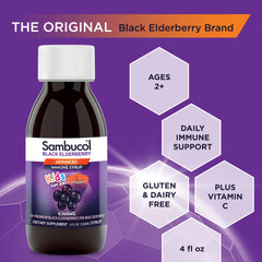 Sambucol Kids elderberry syrup poured into a glass for tasting