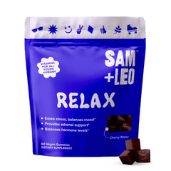 SAM+LEO Relax gummies bottle front highlighting cherry flavor for calm after school.