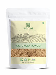 SAMYAM Gotu Kola powder bottle, premium packaging for daily calm and focus.