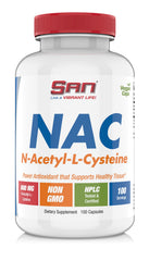 SAN NAC bottle pour showing capsules flowing out, suggesting easy daily use.