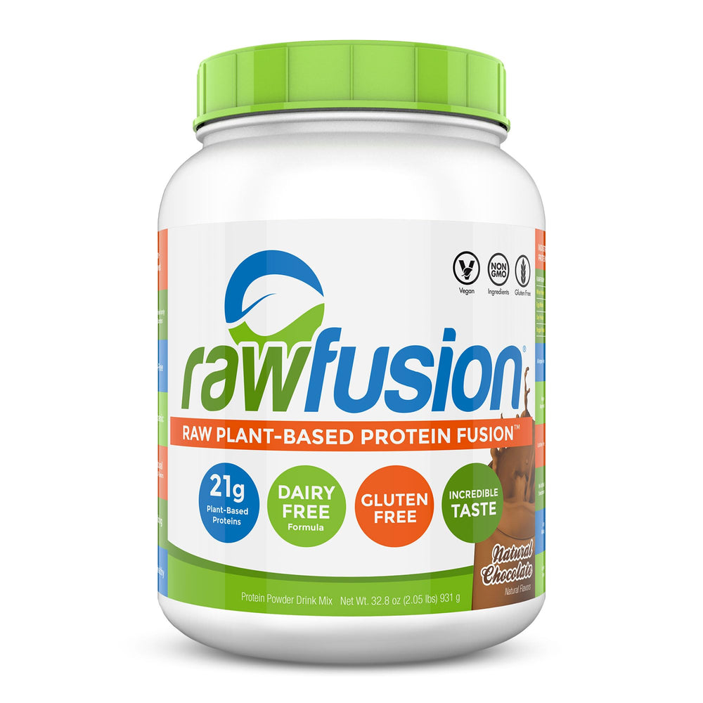 SAN Rawfusion Natural Chocolate bottle highlights plant-based protein for post-workout recovery.