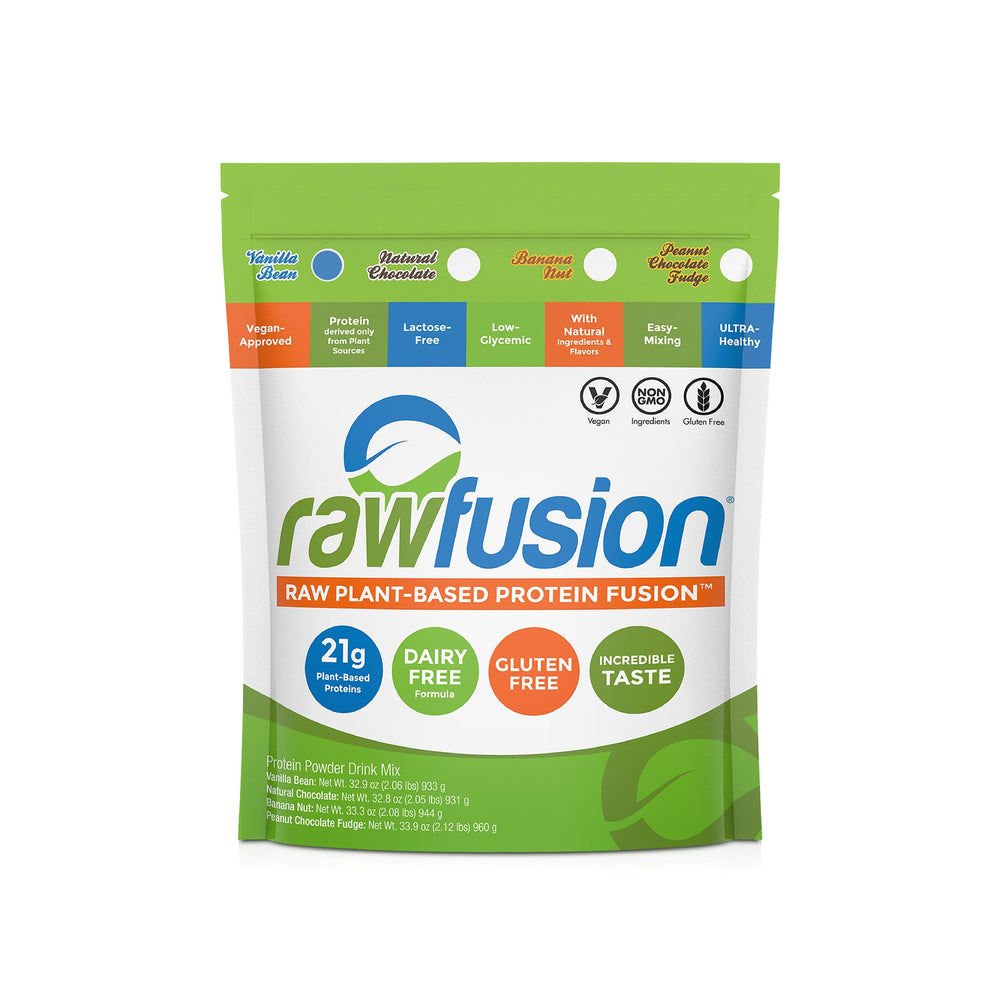 SAN Rawfusion Vanilla Bean protein powder bag for smoothies and post-workout recovery.