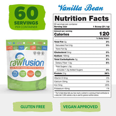 SAN Rawfusion Vanilla Bean scoop rests beside the jar, ideal for precise protein serving