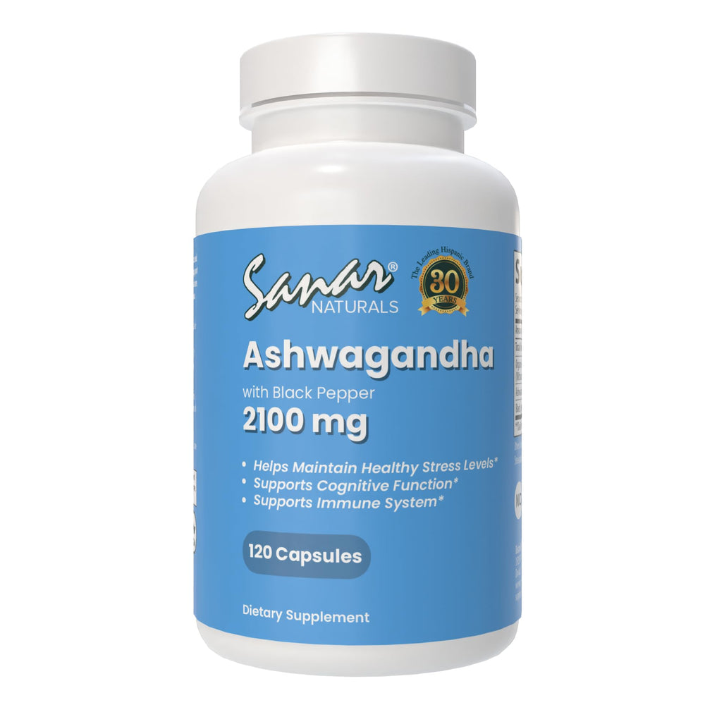 Sanar Naturals Ashwagandha bottle front promotes daily stress support.