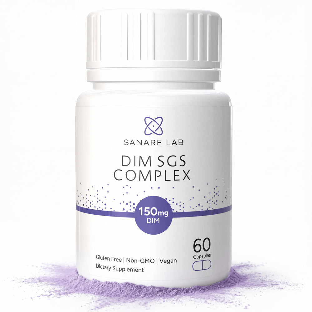 Sanare Lab DIM SGS Complex bottle front for premium hormone balance support.
