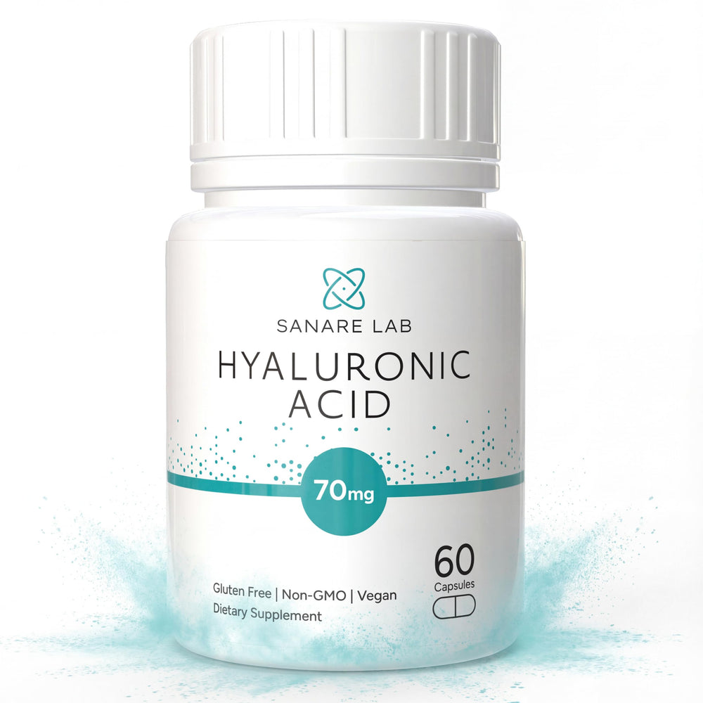 Sanare Lab Hyaluronic Acid 70 mg bottle front image highlighting joint support and hydration