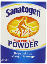 Sanatogen high protein powder canister close-up signals workout-friendly protein