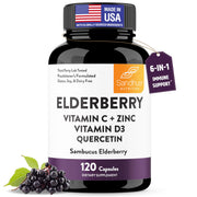 Sandhu's elderberry vitamin C zinc bottle highlights immune support options.