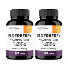 Sandhu's elderberry vitamin C zinc bottle promoting immune support.