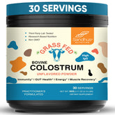 Sandhu's grass-fed colostrum powder bottle showing convenient immune support and gut health use