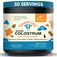 Sandhu's grass-fed colostrum powder bottle showing convenient immune support and gut health use