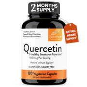 Sandhu's Quercetin bottle front shows 500 mg capsules for daily immune support.
