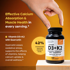 Close-up of Sandhu's D3 K2 Magnesium capsules emphasizing bone health benefits.
