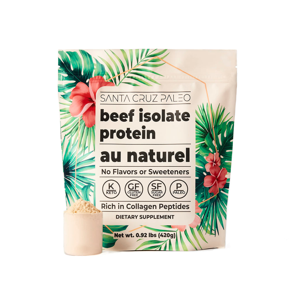 Santa Cruz Paleo beef isolate bottle highlighting clean protein for daily nutrition.