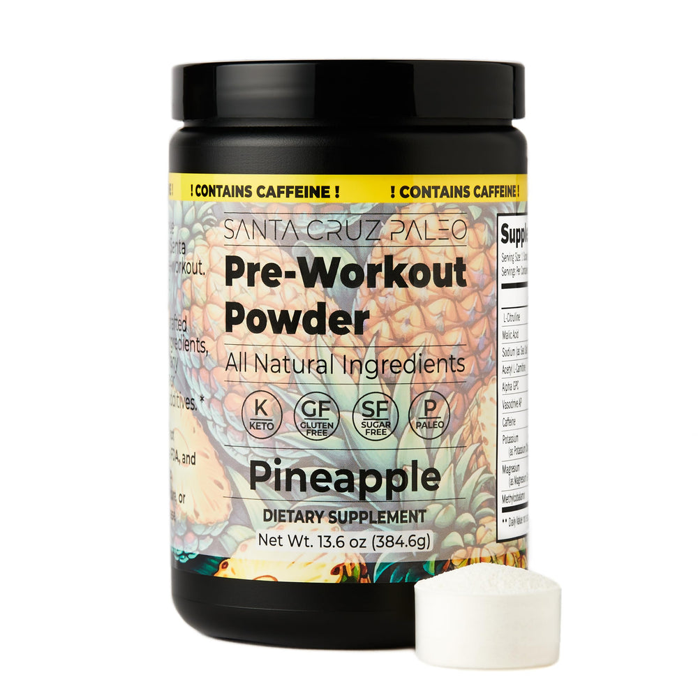 Santa Cruz Paleo pre-workout powder bottle with pineapple flavor for clean energy during workouts