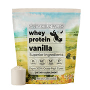 Santa Cruz Paleo Whey Vanilla powder bag showing 20 g protein per serving.