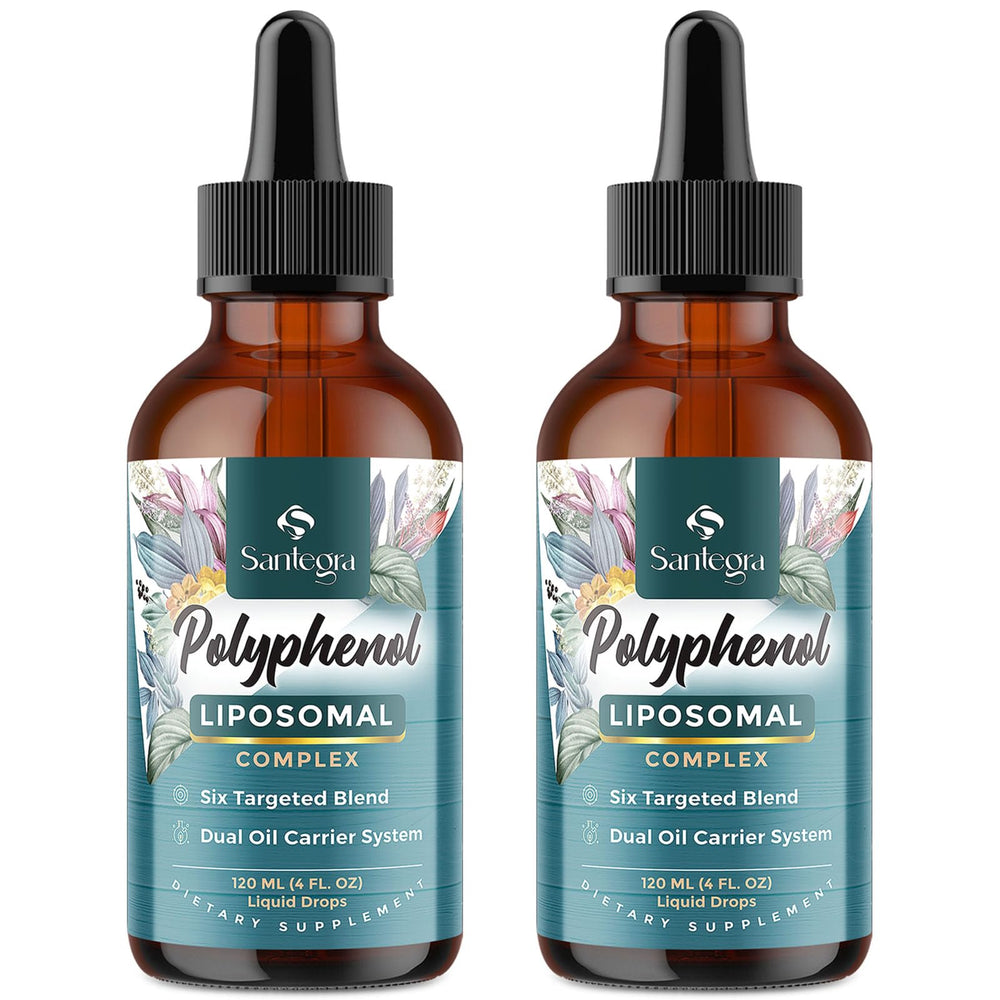 Santegra Polyphenols Liposomal bottle shows antioxidant-rich formula for daily energy.