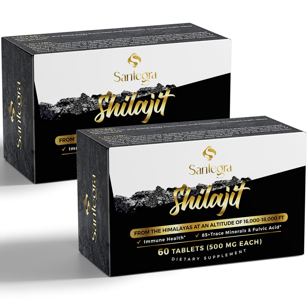 Santegra Shilajit tablets 30kmg bottle displaying premium Himalayan resin for daily energy.