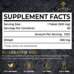 Close-up of Santegra Shilajit tablets highlighting 500 mg potency for daily use.