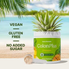 Santo Remedio Colon Plus spoon showing psyllium and beet fibers for daily cleansing.