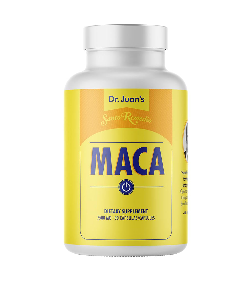 Santo Remedio Maca bottle front highlights clean labeling and daily energy support.