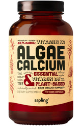 Sapling Calcium supplement bottle front shows vegan bone-support formula for daily use