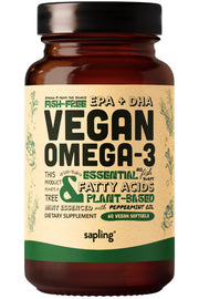 Sapling Vegan Omega-3 bottle front showing algae-based origin for daily wellness