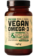Sapling Vegan Omega-3 bottle front showing algae-based origin for daily wellness