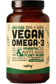 Sapling Vegan Omega-3 bottle emphasizing plant-based DHA and EPA