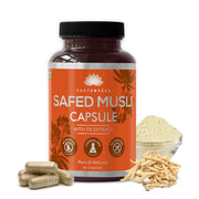 SAPTAMVEDA Safed Musli bottle with plant-based capsules for daily wellness.