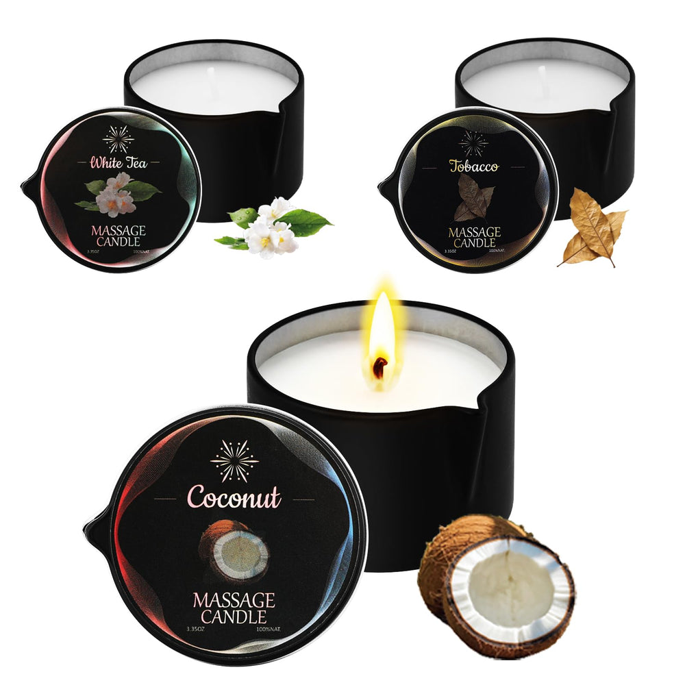 Sariiraw 3-pack massage candle set arranged for a home spa ritual.