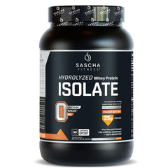 SASCHA FITNESS hydrolyzed whey isolate peanut butter powder scoop for fast protein delivery.