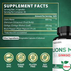 Satoomi Lions Mane capsules closeup highlights easy daily dosing for brain health.