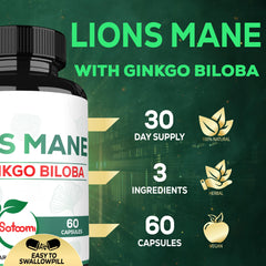 Satoomi Lions Mane with Ginkgo extract label showcases gluten-free, non-GMO formula.