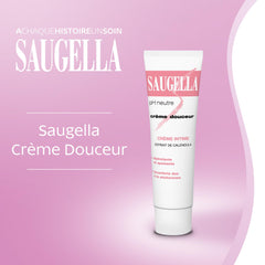 Close-up of Saugella Gentle Cream texture showing soothing moisture.